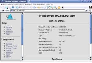 Abbildung 5: Die meisten Druckeradapter haben einen eingebauten Webserver für Konfiguration und Zustandskontrolle. Sein Frontend fällt je nach Drucker und Hersteller unterschiedlich umfangreich aus.