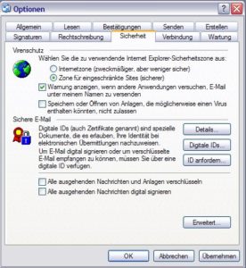 Abbildung 5: Outlook-Express-Standardeinstellungen: Sicherheit schränkt ein, daher Viren zulassen.