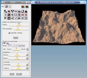 Abbildung 5: Geomorph: Links die Werkzeugpalette mit den Transformationswerkzeugen, rechts eine in POV-Ray fertig gerenderte Beispielszene.