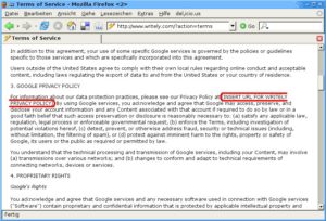 Abbildung 5: In den Nutzungsbedingungen der Ajax-Textverarbeitung Writely von Google steht statt einem Link zu den Datenschutzbestimmungen nur ein Hinweis eines Mitarbeiters – die Privatsphäre kommt im Web 2.0 oft zu kurz.
