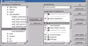 Abbildung 5: Die Symbolleiste erhält einen neuen Eintrag für ExtendedPDF. Links ist die Auswahlliste mit den Makros aus ExtendedPDF zu sehen, rechts die Funktionsleiste. Unter dem bereits vorhanden <code srcset=