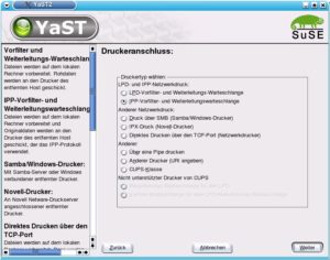 Abbildung 5a: Entfernten Drucker auf Suse-Linux 8.2 einrichten: Zunächst teilen Sie Yast mit, dass es sich um einen entfernten Drucker handelt, der per IPP angesprochen wird …