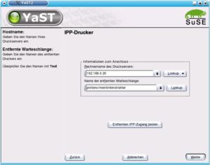 Abbildung 5b: … und dann tragen Sie den Rechnernamen sowie den Rest des Uniform Resource Identifiers (URI) ein. Ein Klick auf "Weiter" macht den Drucker erreichbar.