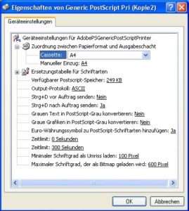 Abbildung 6: Der Konfigurationsdialog von Adobes PostScript-Treiber weist die typischen Eigenschaften auf, die PostScript ausmachen.