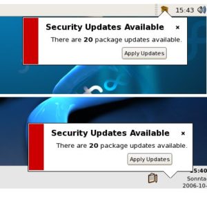 Abbildung 6: Während das Update-Applet Puplet unter Gnome tadellos funktioniert (oben), müssen KDE-Benutzer ohne Icon auskommen (unten).