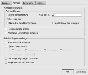 Abbildung 6: Im Register "Abfrage" stellen Sie ein Zeitlimit für die Abfrage der Vokabeln ein.