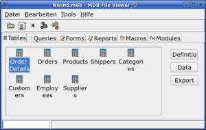 Abbildung 6: Das zu den Mdbtools gehörende GUI 'gmdb2' erlaubt auch SQL-Abfragen an Access-Datenbanken – leider nicht immer mit der gewünschten Stabilität. Die Abbildung zeigt das offizielle Northwind-Sample von Microsoft Access.