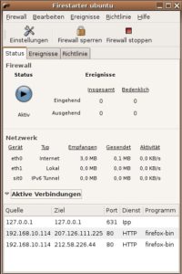 Abbildung 7: Der Eingangsbildschirm von Firestarter zeigt den Status der Firewall und die aktuellen Verbindungen an.