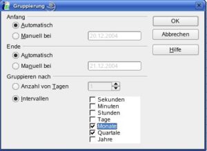 Abbildung 7: Mit den Verbesserungen in OpenOffice 2 gestaltet sich die Gruppierung von verwandten Zellen einfach. Es reicht eine Zelle zu markieren, und den passenden Intervall auszwählen, den Rest erledigt die Software.