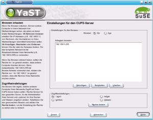 Abbildung 7: Auf Suse Linux lässt sich das Broadcasting mit dem Adminwerkzeug Yast aktivieren. Hier versorgt der Cups-Server per Broadcast-Signal das Subnetz 192.168.0 mit allen Informationen zu den angeschlossenen Druckern.