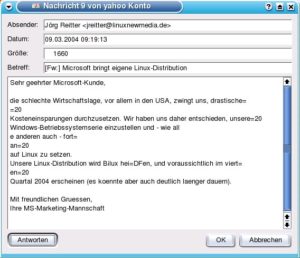 Abbildung 7: Mit dem Knopf "Antworten" in der linken unteren Ecke ruft man aus KShowmail heraus KMail auf.