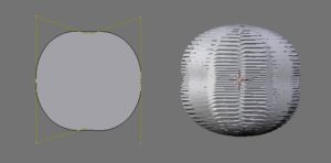 Abbildung 8: Das Ohr entsteht aus einem sogenannten NURBS-Kreis durch Verschieben der Griffe, Extrusion und der Blender-Funktion "Glattes Unterteilen".