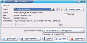Abbildung 8: Sobald die Konfiguration von Cups erfolgreich abgeschlossen ist, tauchen die entfernten Drucker zusammen mit ihren konfigurierbaren Eigenschaften im "Drucken"-Dialog von KDE auf.