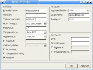 Abbildung 8: Das Programm isdn-config bietet Zugriff auf alle wichtigen Provider-Einstellungen einschließlich Telefonnummer, MSN-Nummer, Wählmodus und Kanelbündelung.
