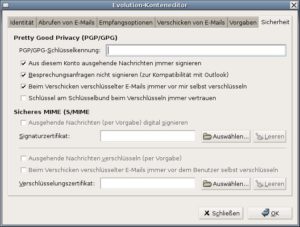 Abbildung 9: Im PGP-Einrichtungsdialog bestimmen Sie, welchen Schlüssel Evolution verwenden soll. Statt mit der geforderten Schlüsselkennung gibt es sich auch mit der Mail-Adresse Ihres Schlüssels zufrieden.
