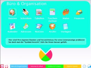 Farbiges Bedienkonzept: Simplico unterteilt die Anwendungen in vier Bereiche ein.