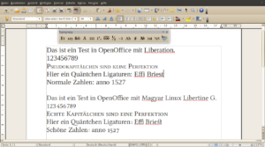 Der im Liberation-Font geschriebene Text weist keine Besoderheiten auf (oben) der untere Text im neuen Magyar Linux Libertine Font hingegen schon.