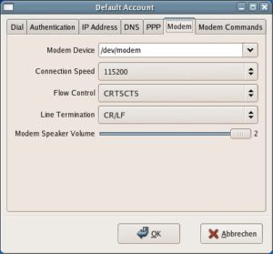 Die Konfigurationspalette der Einwahl-Software reicht von der Authentifizierung bis zur Modemeinstellung.