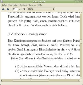 Evince bei der Arbeit. Praktisch: Ersetzt man im Anzeigefeld in der Werkzeugleiste die aktuelle Seitenzahl durch eine andere, wird diese Seite sofort angesprungen.