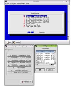 Abbildung 1: Ein Programm, drei Frontends: dialog (oben), gdialog (links unten) und kdialog (rechts unten) werden fast identisch angesteuert, unterscheiden sich aber in Aussehen und Bedienung
