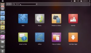 Abbildung 1: Klicken Sie oben links auf das kleine Ubuntu-Logo, zeigt Unity einige verfügbare Programmkategorien an.
