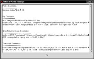 Abbildung 1: Die wichtigsten von dvd::rip ausgeführten transcode Befehle lassen erahnen, dass transcode sehr mächtig aber auch nicht immter einfach zu handhaben ist