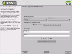 Abbildung 1: YaST 2 erkennt zwar WLAN-Karten, die Funk-Parameter lassen sich dann allerdings nicht festlegen. Daher ist die manuelle Einrichtung zwar prinzipiell besser, das angegebene Kernel-Modul wird aber später nicht geladen, so dass das WLAN letztlich nicht funktioniert