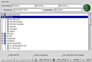 Abbildung 1: Auswahl des IRC-Servers – die vordefinierten Einträge für das IRCnet funktionieren nicht; nehmen Sie stattdessen <custom name="span" custom:class="uielement" srcset=