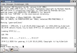 Abbildung 1: Die Einschaltmeldung des CP/M-Emulators yaze-ag