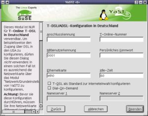 Abbildung 1: T-DSL-Konfiguration mit YaST2