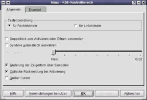 Abbildung 1: Das KDE Kontrollzentrum erlaubt die Zuordnung der Maustasten für Links- und Rechtshänder. Desweiteren können Sie an dieser Stelle noch einige Konfiguration zum Verhalten des Mauszeigers und und Symbolanwahl festlegen