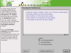 Abbildung 1: YaST 2 unterbreitet nun einen Vorschlag für die Partitionierung des Systems. Dabei können sowohl Windows-Partitionen verkleinert als auch bestehende Linux-Partitionen gelöscht werden