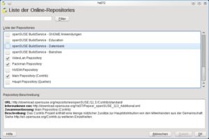 Abbildung 1: Die OpenSuse-Paketquellen "Packman", "Videolan" und "Main Repository (Contrib)" sollten Sie aktivieren, wenn Sie aktuelle Multimedia-Software suchen.