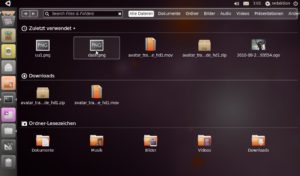 Abbildung 11: Die Oberfläche von Unity mit der Dateimanager-Ansicht und den Schnellstartern zur linken Seite.