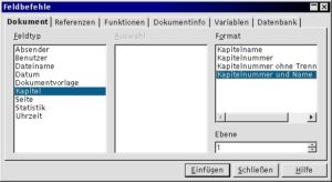 Abbildung 13: Mit diesen Einstellungen wird ein Feld in das Dokument eingefügt, der stets den Namen und die Nummer des aktuellen Kapitels enthält