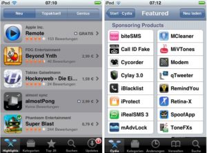 Abbildung 14: Links Apples App Store, rechts der ähnlich arbeitende App Store von Cydia.
