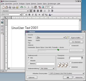Abbildung 2: Die neuen Druckmöglichkeiten von KOffice. Das Dialogfenster im Vordergrund steht in allen KOffice-Komponenten zur Verfügung