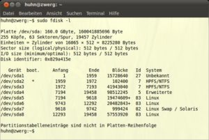 Abbildung 2: "fdisk" zeigt die Größe und die Aufteilung von Festplatten an.