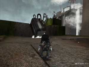 Abbildung 2: Mit dem Enterhaken zieht Tiny hier einen Fels über den Rand um ihn so als Treppe zu verwenden. Geräusche untermalt das Spiel mit entsprechenden, aufpoppenden Worten.