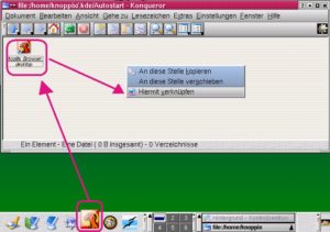 Abbildung 2: Um Mozilla bei jeder Anmeldung automatisch zu starten, zieht man sein Programmsymbol aus der Kontrollleiste in den Autostart-Ordner und verknüpft es
