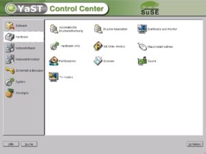 Abbildung 2: Im YaST-Kontrollzentrum lassen sich am Ende der Installation Scanner, Drucker, Firewall und vieles mehr konfigurieren. Der erste reguläre Systemstart kann so auf einem vollständig eingerichteten System erfolgen