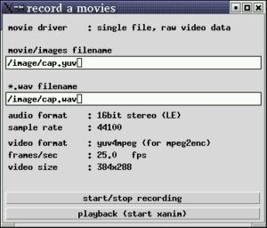 Abbildung 2: Der Aufnahmedialog von xawtv ist vom Hauptfenster aus über die Taste "R" oder den Menü-Eintrag "Record a movie (avi)" zu erreichen