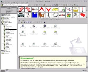 Abbildung 2: Der StarOffice Desktop. Am linken Rand ist der geöffnete Desktop eingeblendet. Am oberen Rand bietet der Beamer die Cliparts zur Auswahl an. Den Abschluss bilden unten rechts der Tipp des Tages und in der Mitte die Arbeitsfläche
