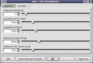 Abbildung 2: In den erweiterten Einstellungen erlaubt das KDE Kontrollzentrum zudem die Einstellung einiger interessanter Systemvariablen für das Mausverhalten. Beispielsweise der maximale Abstand zwischen zwei Tastendrücken beim Doppelklick oder die Zeigerbeschleunigung