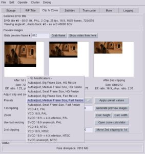 Abbildung 2: Auf der Seite "Clip & Zoom" muss man immer seltener selbst Hand anlegen. Die "Autoadjust"-Presets erledigen alles automatisch. Die VCD- und SVCD-Presets sind statisch, da diese Videoformate strenge Anforderungen an die Bildgröße stellen