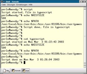 Abbildung 2: Der Befehl cat zeigt den Inhalt der Datei typescript auf der Kommandozeile an