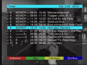 Abbildung 2a: Ein Ausrufezeichen am linken Rand markiert den Timer als für die nächste Aufnahme inaktiv. Damit kann man einzelne Feiertage, an denen die Serie nicht läuft, gut überbrücken.