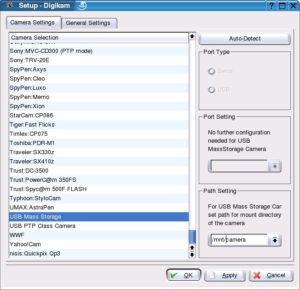 Abbildung 3: Digikam greift auf Digitalkameras auch als USB Mass Storage Device zu. Nutzen Sie diese Einstellung als Standard, wenn es keinen Treiber für Ihre Kamera gibt. Unter Path Settings tragen sie den Mount-Pfad der Kamera ein