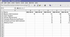 Abbildung 3: OpenOffice mit Auslastungsdaten aus einem Taskjuggler-Projekt