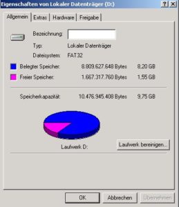 Abbildung 3: Windows zeigt die Relation zwischen belegtem und freiem Speicherplatz
